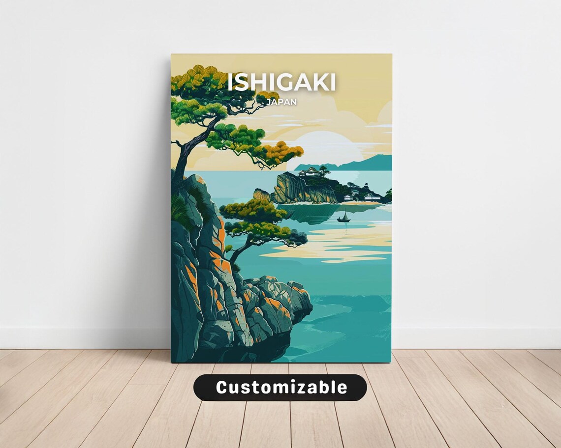 Ishigaki Japan Rocky Coastline Travel Poster Pine Tree Seascape
