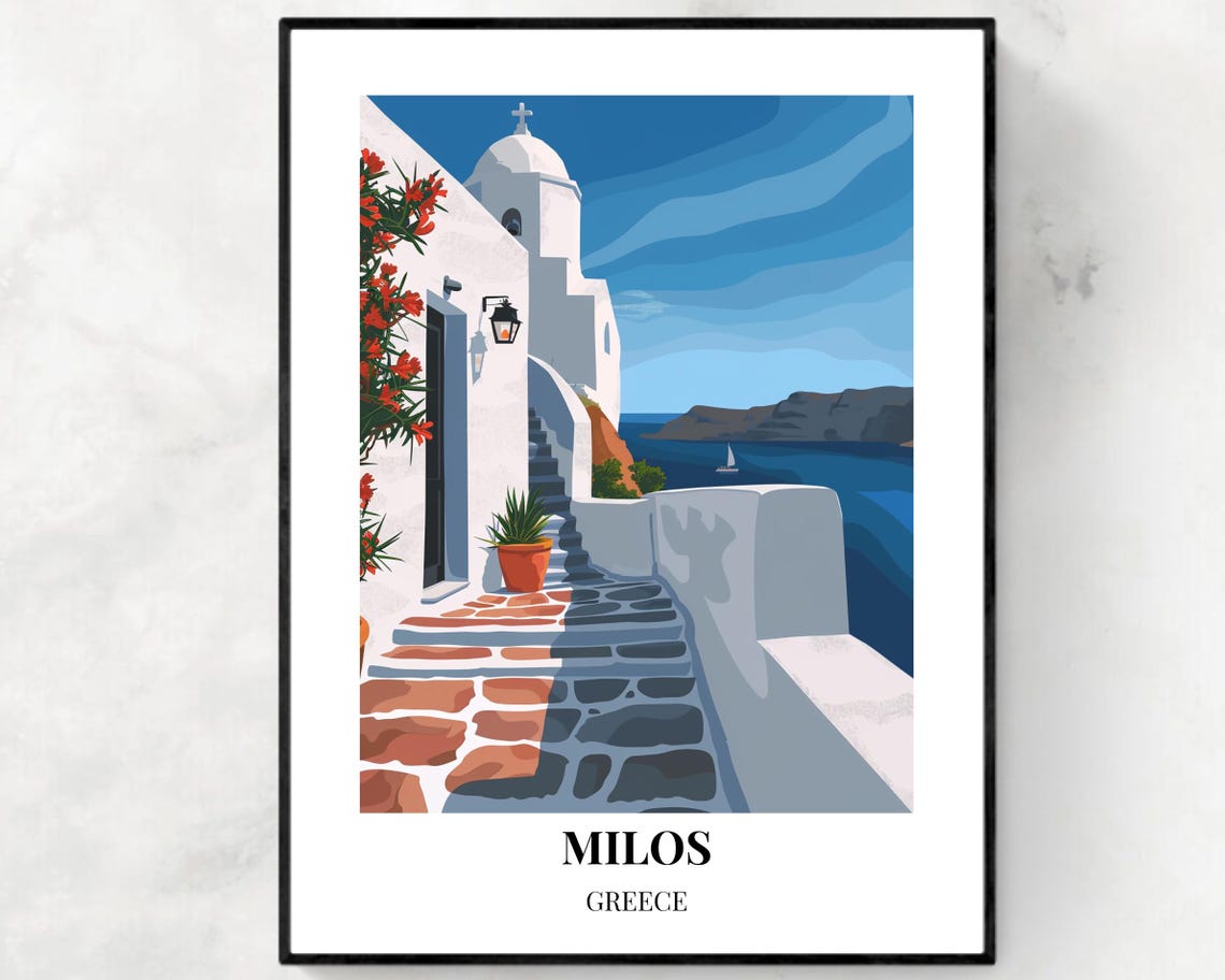 Milos Greece Whitewashed Steps Blue Dome Aegean Sea View Travel Poster