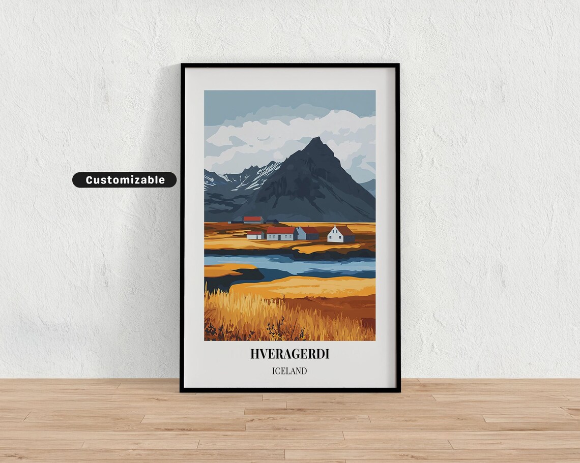 Hveragerdi Iceland Village Mountain Valley Vintage Travel Poster