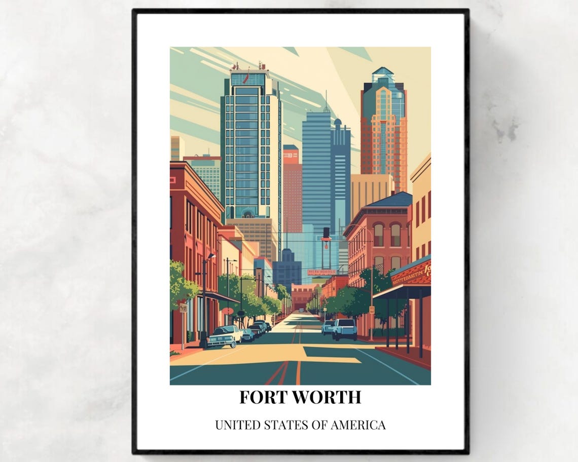 Fort Worth Texas Downtown Street Skyline Vintage Travel Poster