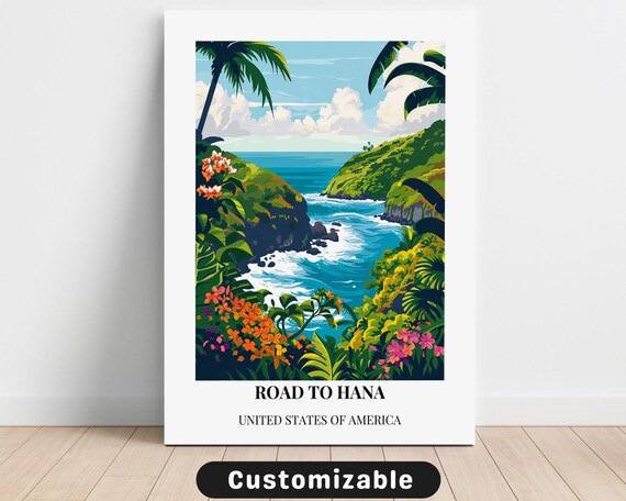 Road To Hana Hawaii Customizable Canvas Travel Poster Tropical