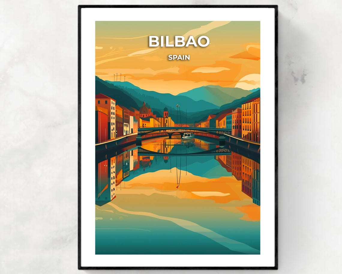 Bilbao Spain Nervion River Sunset Golden Travel Illustration Poster