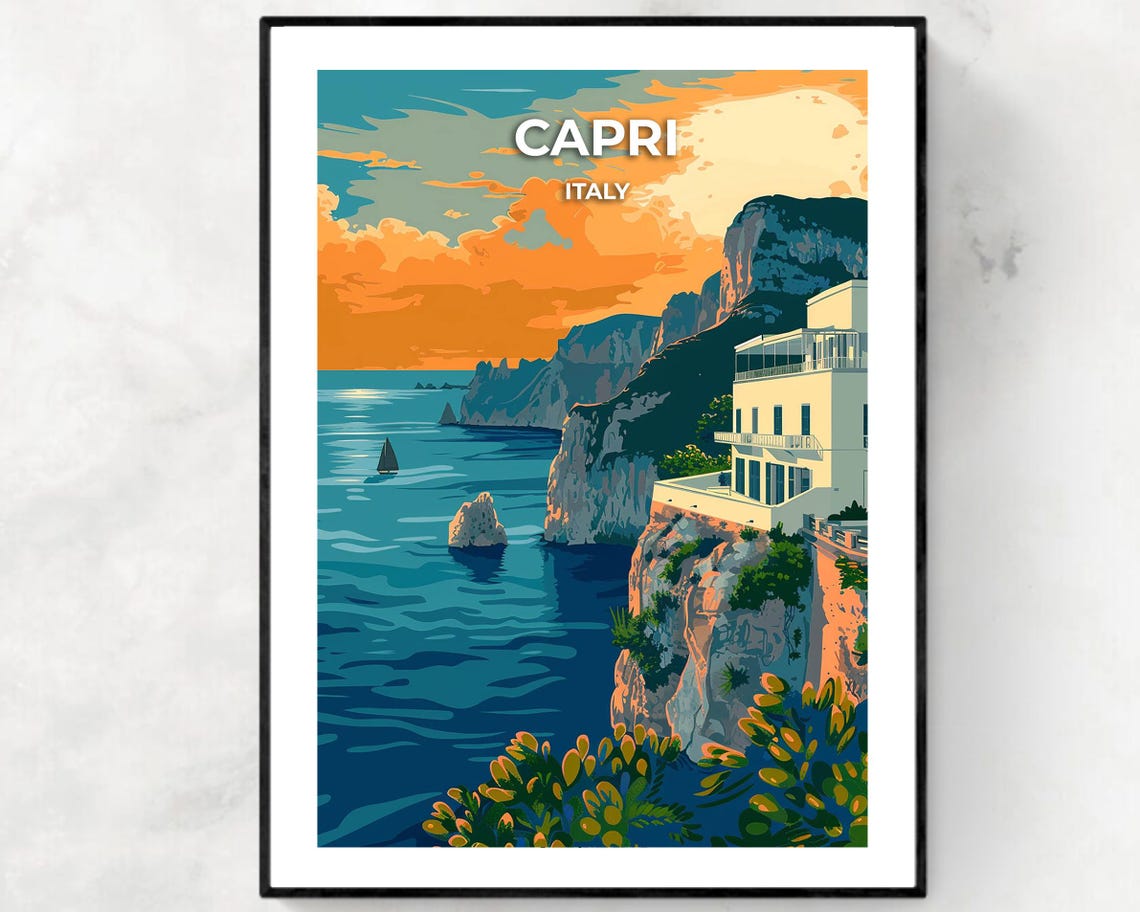 Capri Italy Cliffside Villa Sunset Sailboat Vintage Travel Poster
