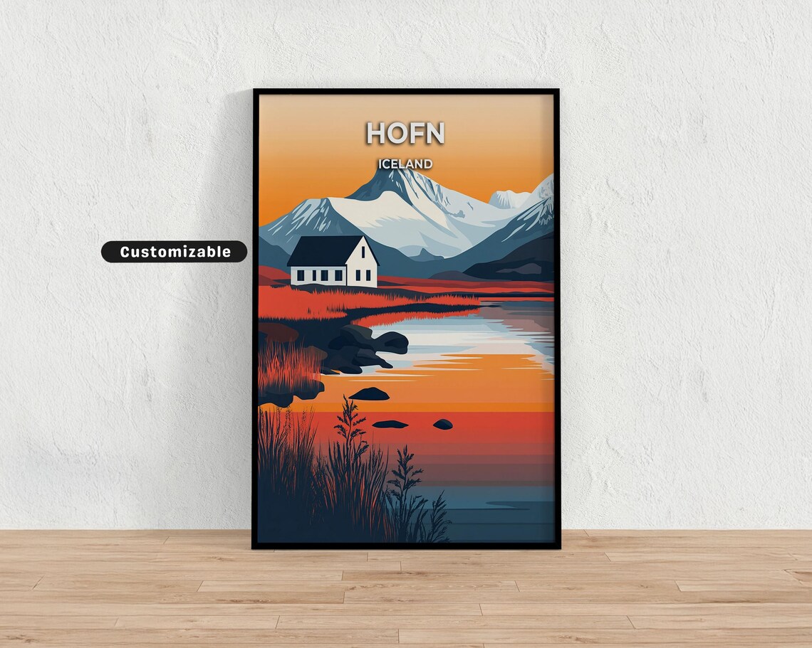 Hofn Iceland Orange Sunset Lake Mountain Cabin Reflection Art Poster
