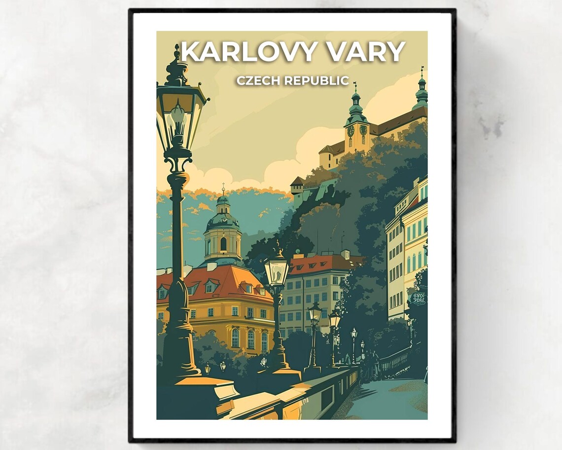 Karlovy Vary Czech Republic Spa Town Lamps Vintage Travel Poster