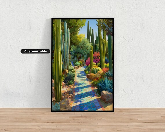 Cactus Garden With Tiled Path And Sunlit Shadows Mediterranean Colorful Wall Art Tropical Illustration Print Modern Boho Home Decor