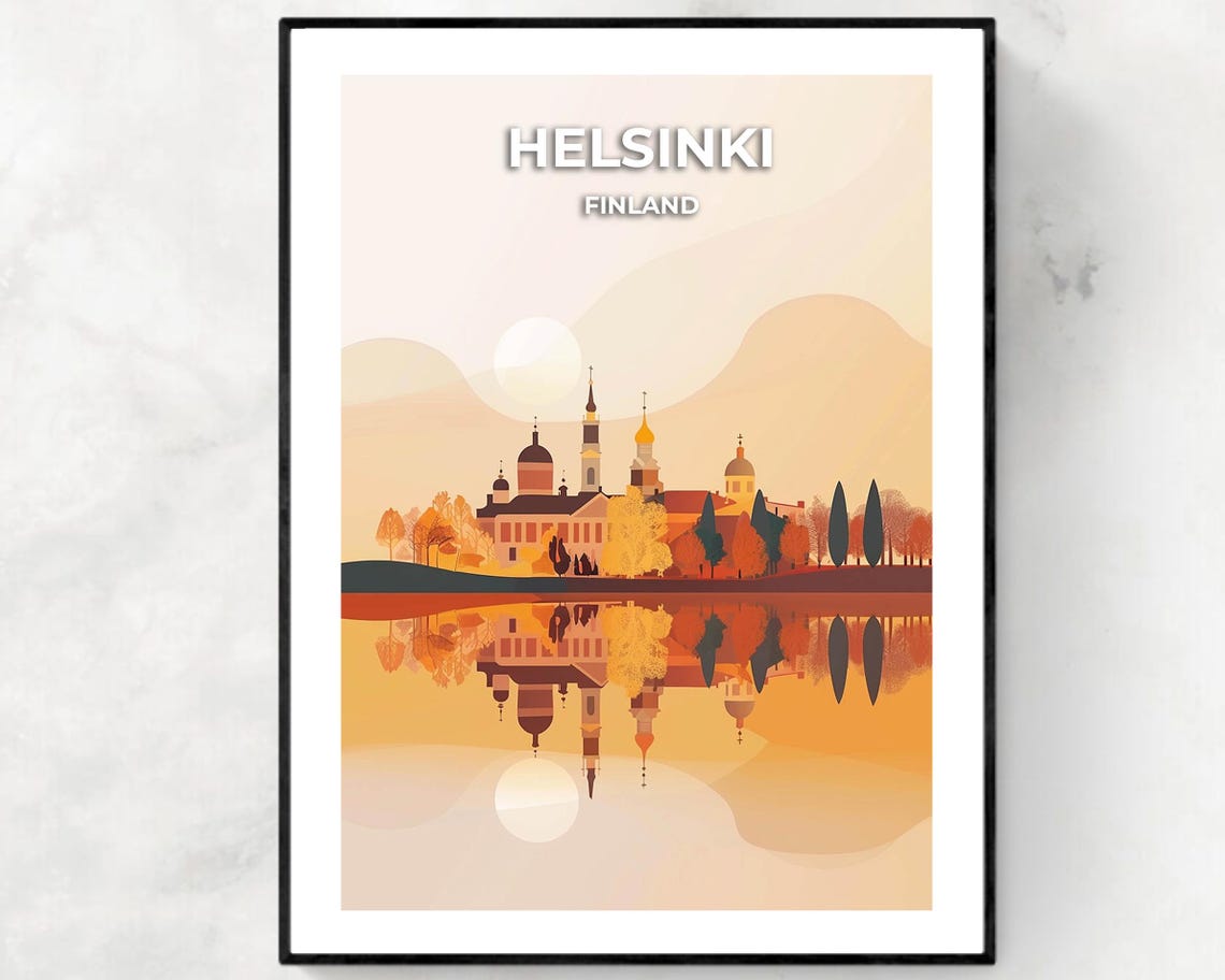 Helsinki Finland Cathedral Reflection Sunset Illustration Poster