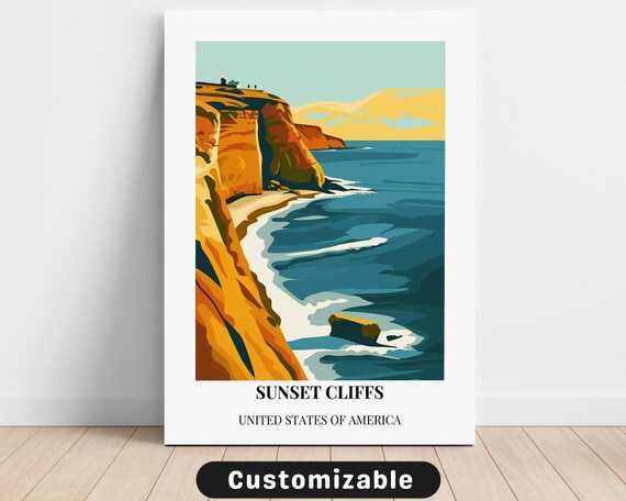 Sunset Cliffs USA Vintage Travel Poster Ocean Waves Beach Decor Style