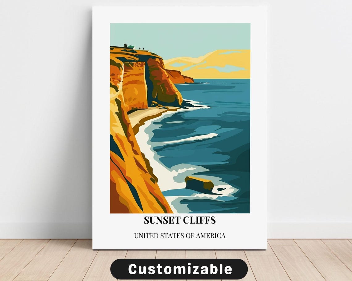 Sunset Cliffs USA Vintage Travel Poster Ocean Waves Beach Decor Style