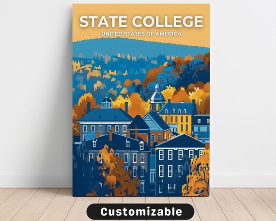 State College Golden Autumn College Town Vintage Travel Poster