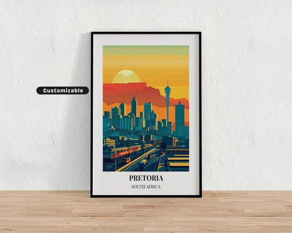 Pretoria South Africa Skyline Sunset Train Retro Travel Poster