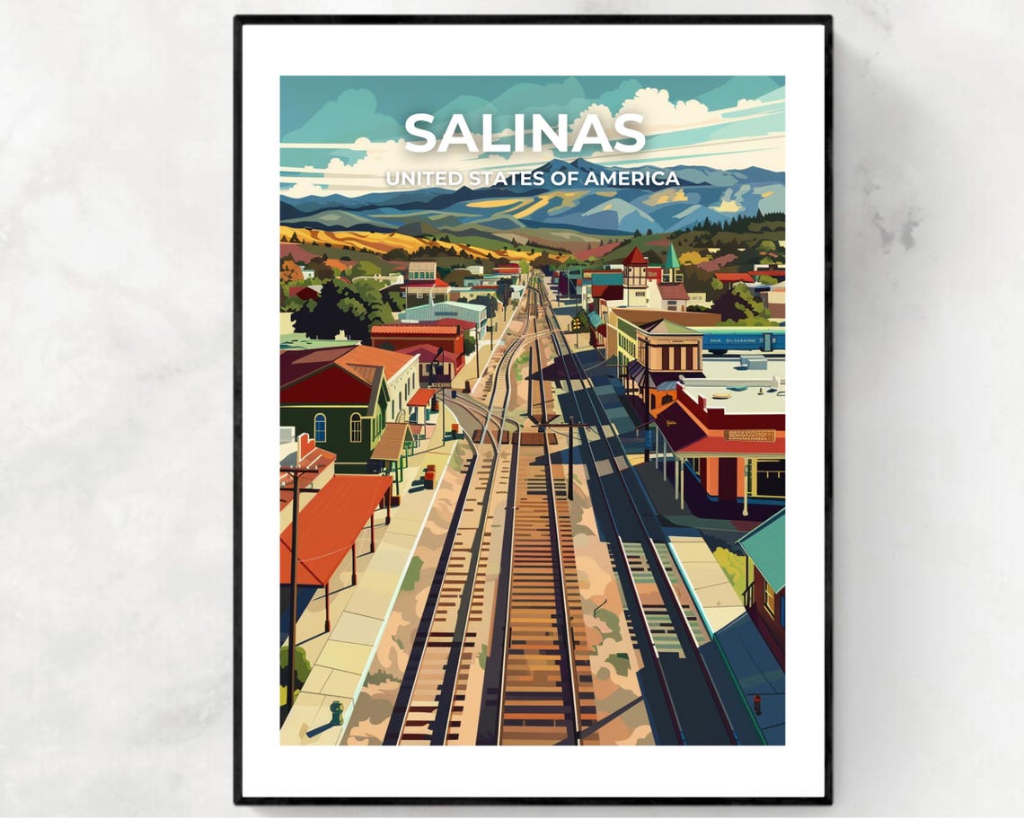 Salinas California Railroad Town Travel Poster with White Title