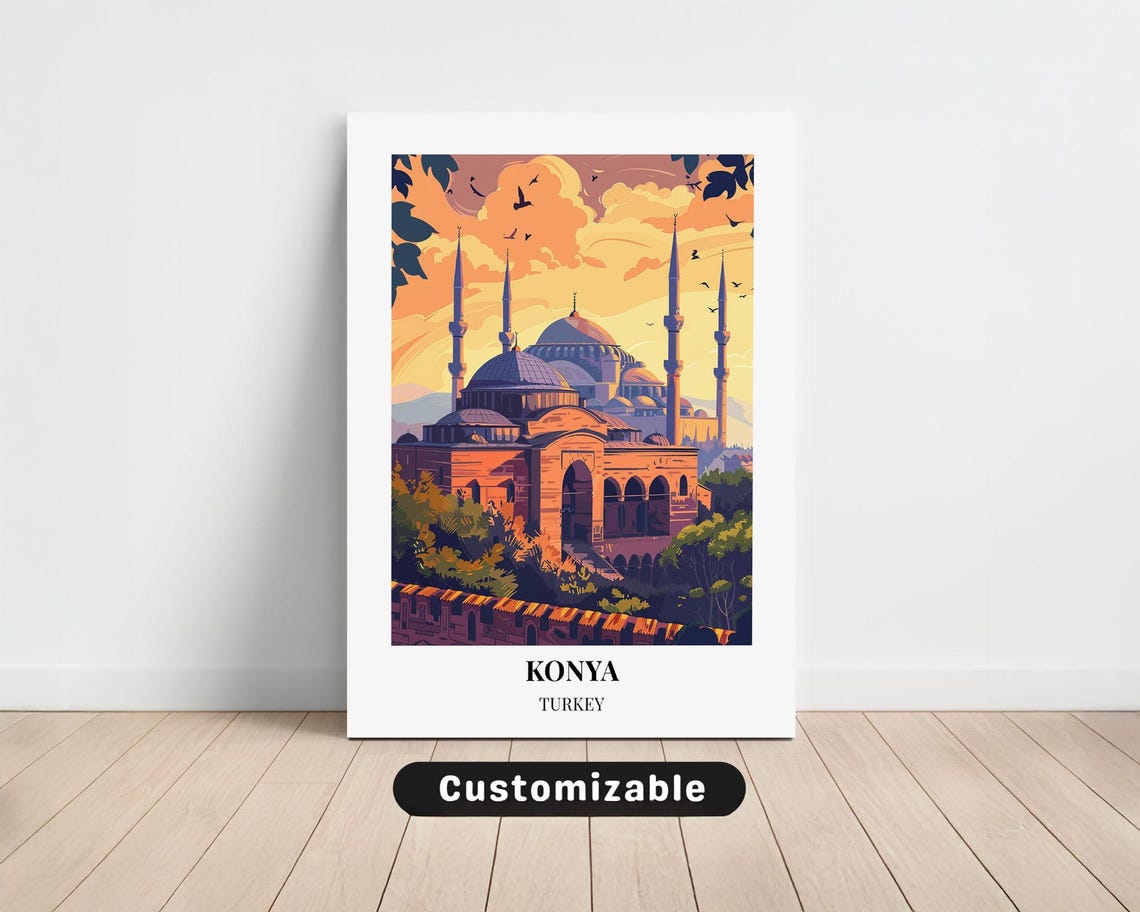Konya Turkey Golden Sunset Mosque Minarets Vintage Travel Poster