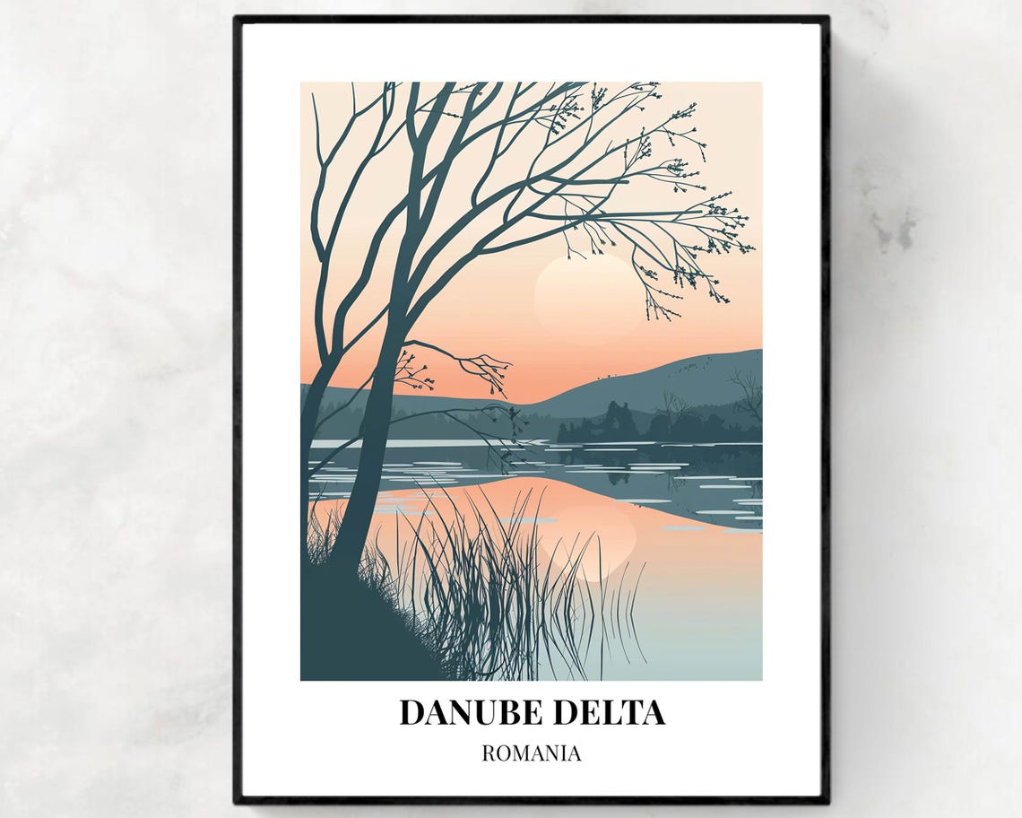 Danube Delta Romania Peach Sunset Reeds Reflections Lake Poster