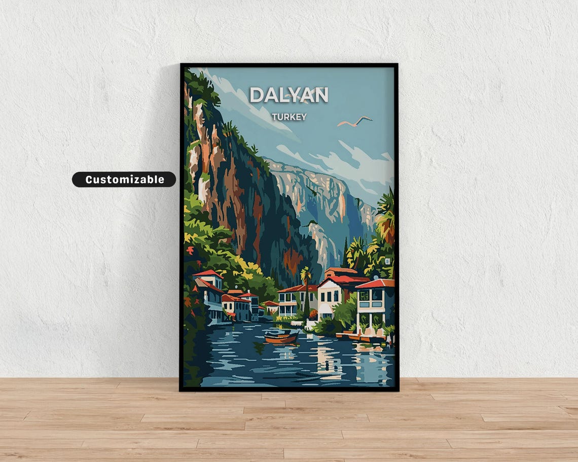 Dalyan Turkey River Cliffs Village Boat Vintage Travel Poster