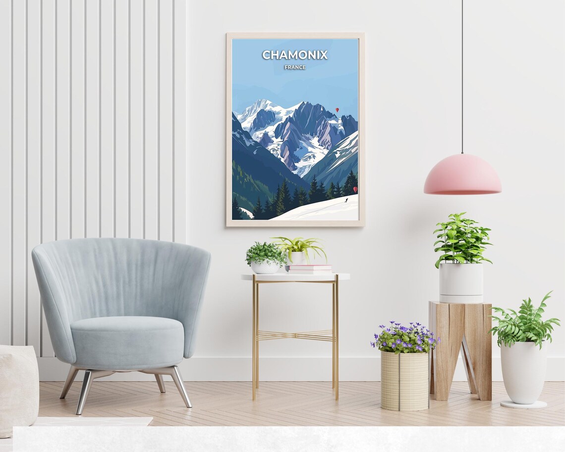 Chamonix France Snowy Alpine Peaks Skier Hot Air Balloon Travel Poster - Image 2