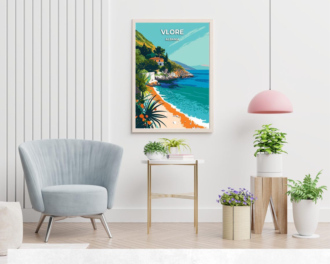 Vlore Albania Turquoise Coastline Seaside Villa Retro Travel Poster - Image 2