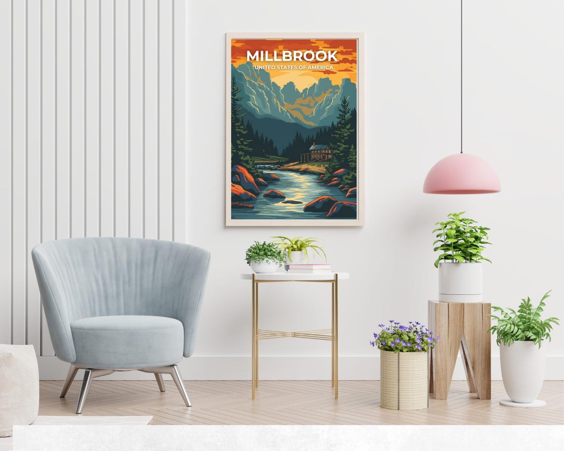 Millbrook Mountain River Cabin Golden Sunset Vintage Travel Poster - Image 2