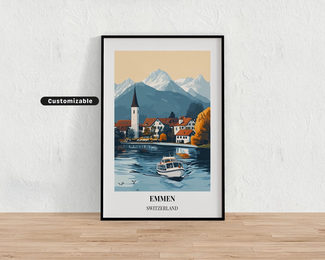 Emmen Switzerland Lakeside Church Mountains Vintage Travel Poster