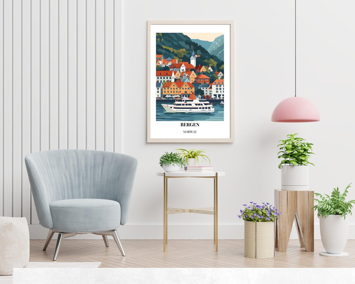 Bergen Norway Colorful Harbor Bryggen Houses Fjords Travel Poster - Image 2