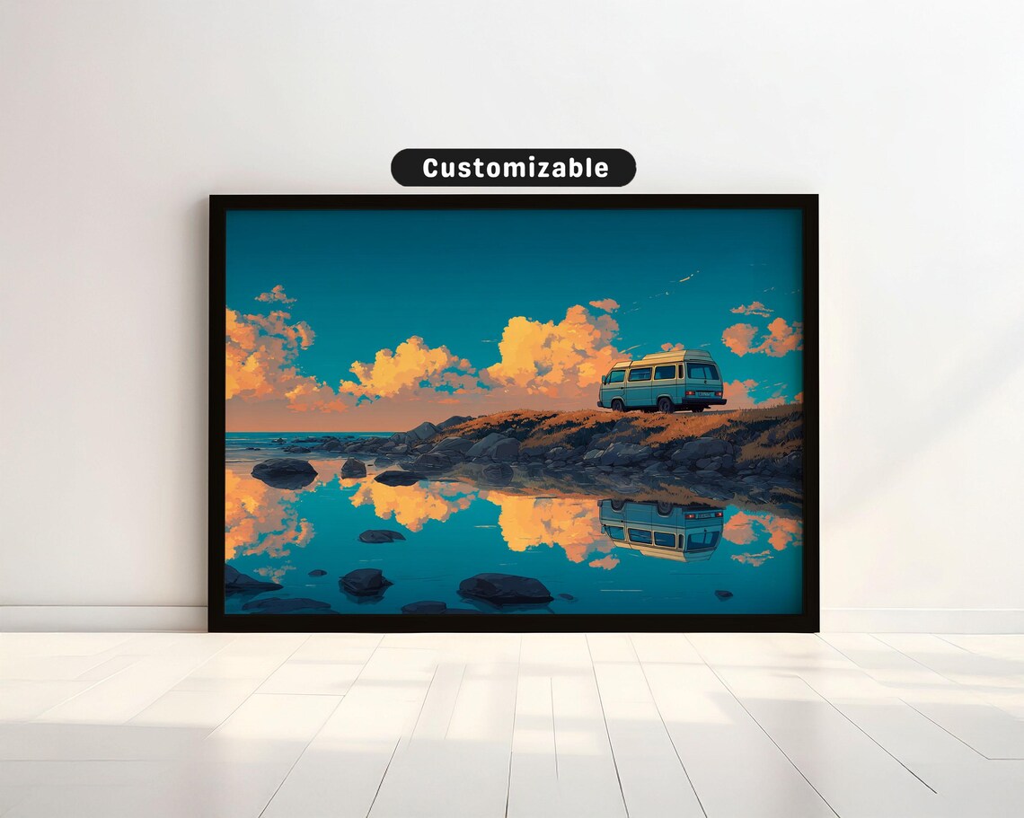 Camper Van By Still Lake Sunset Reflection Road Trip Adventure Photo Poster
