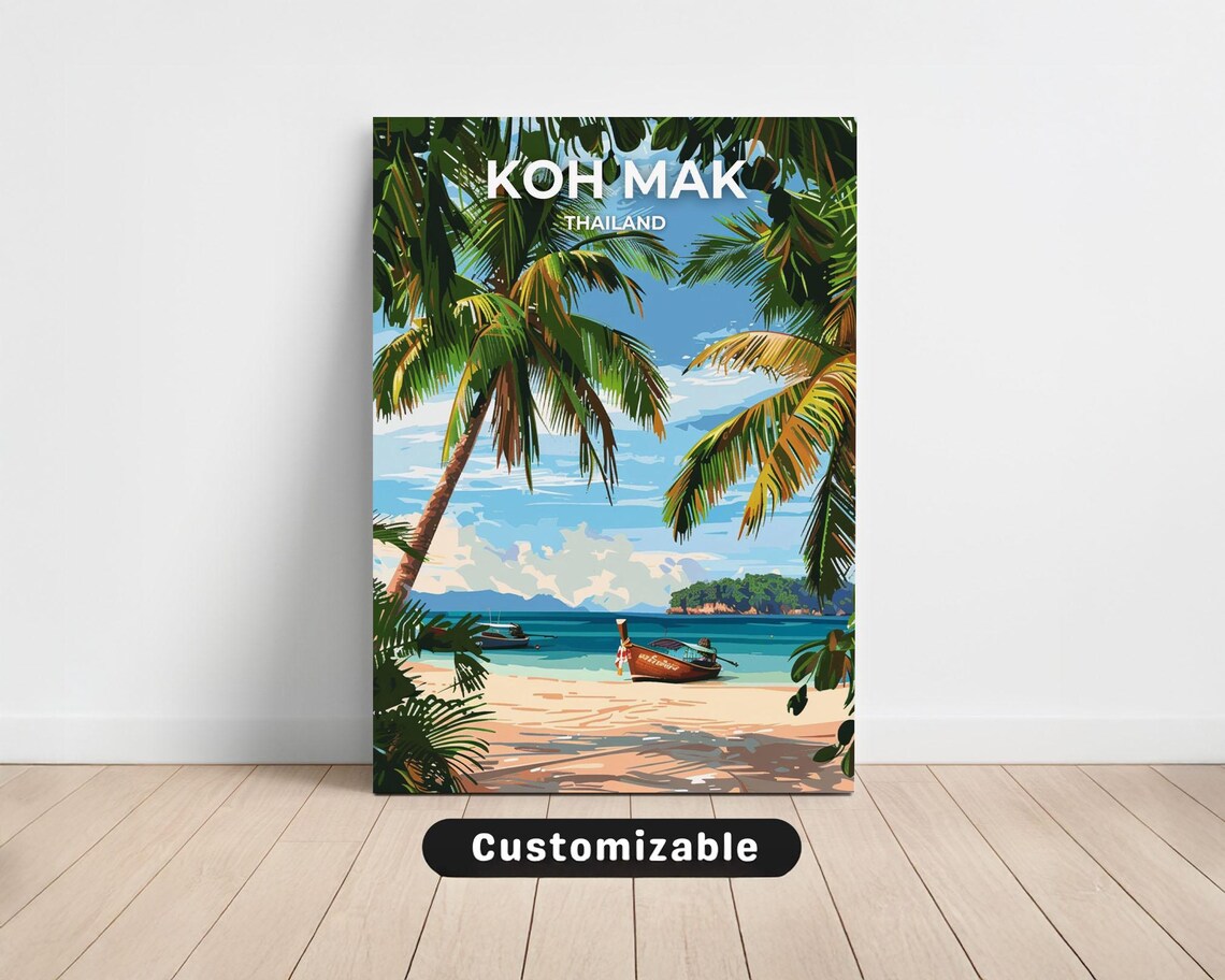 Koh Mak Thailand Travel Art Tropical Beach Longtail Boat Poster