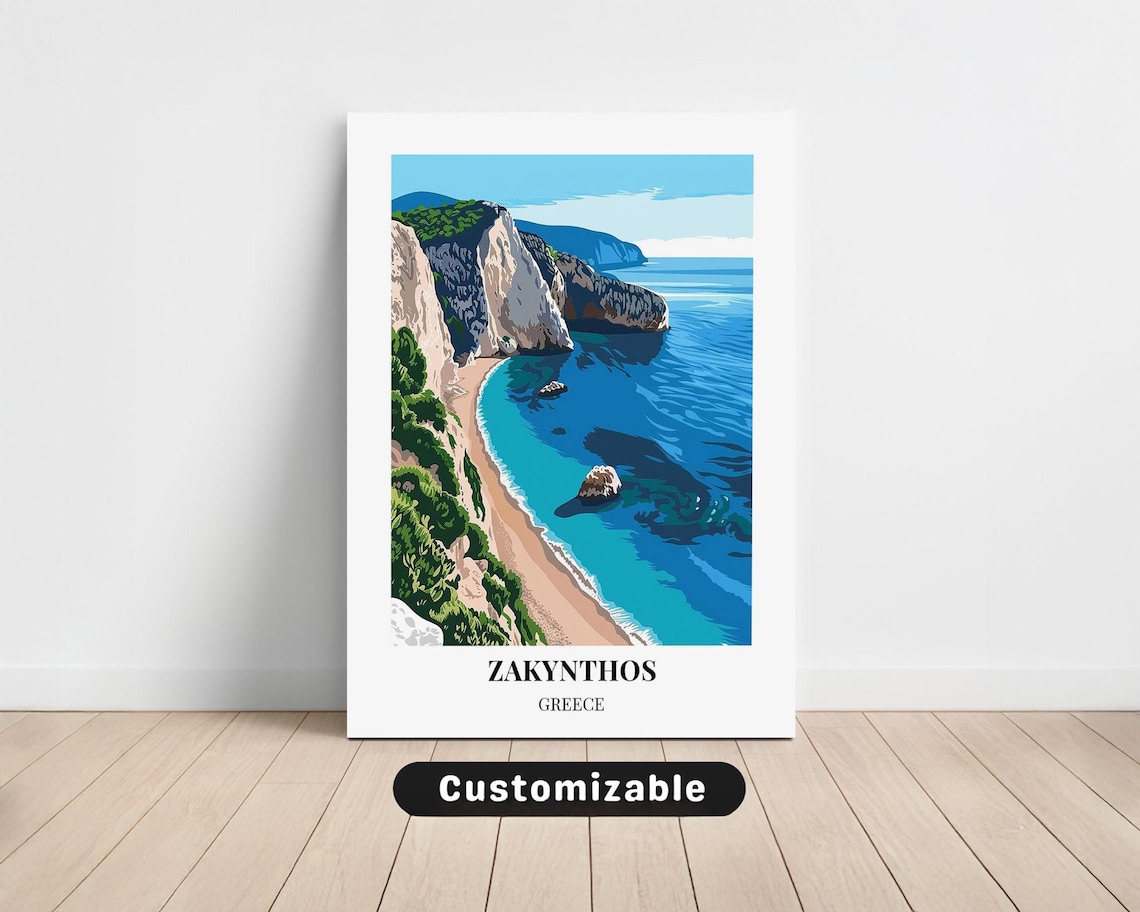 Zakynthos Greece Turquoise Bay Cliffs Beach Vintage Travel Poster