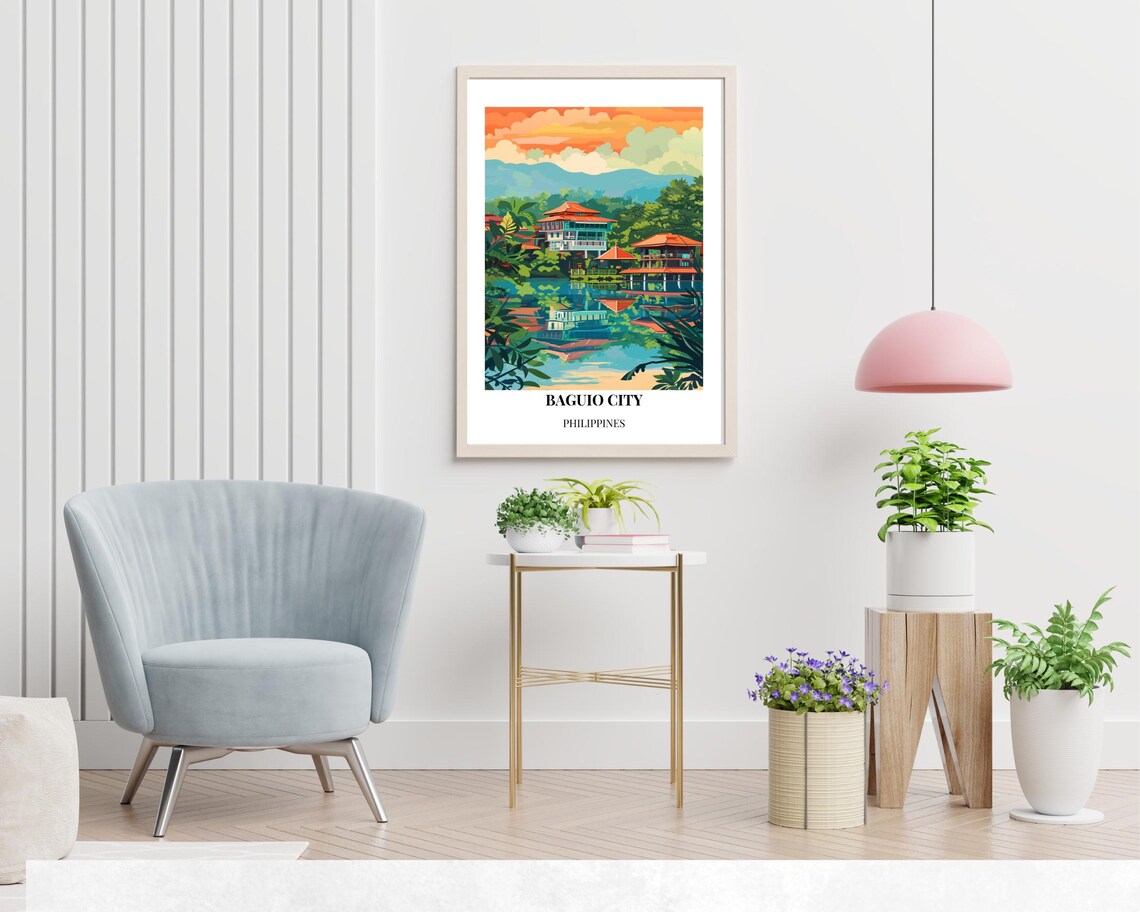 Baguio City Pavilions Mirrored in Lake at Sunset Philippines Poster - Image 2