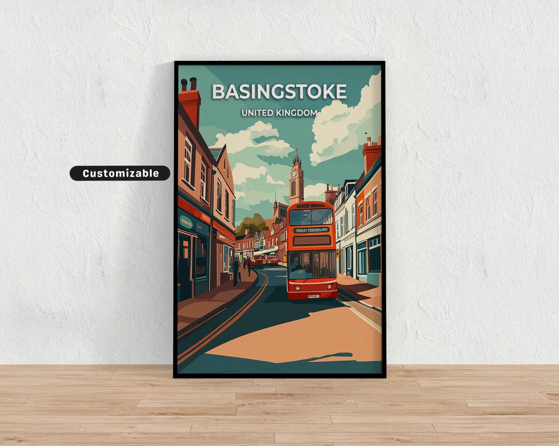 Basingstoke United Kingdom Red Bus Clock Tower Street Travel Poster