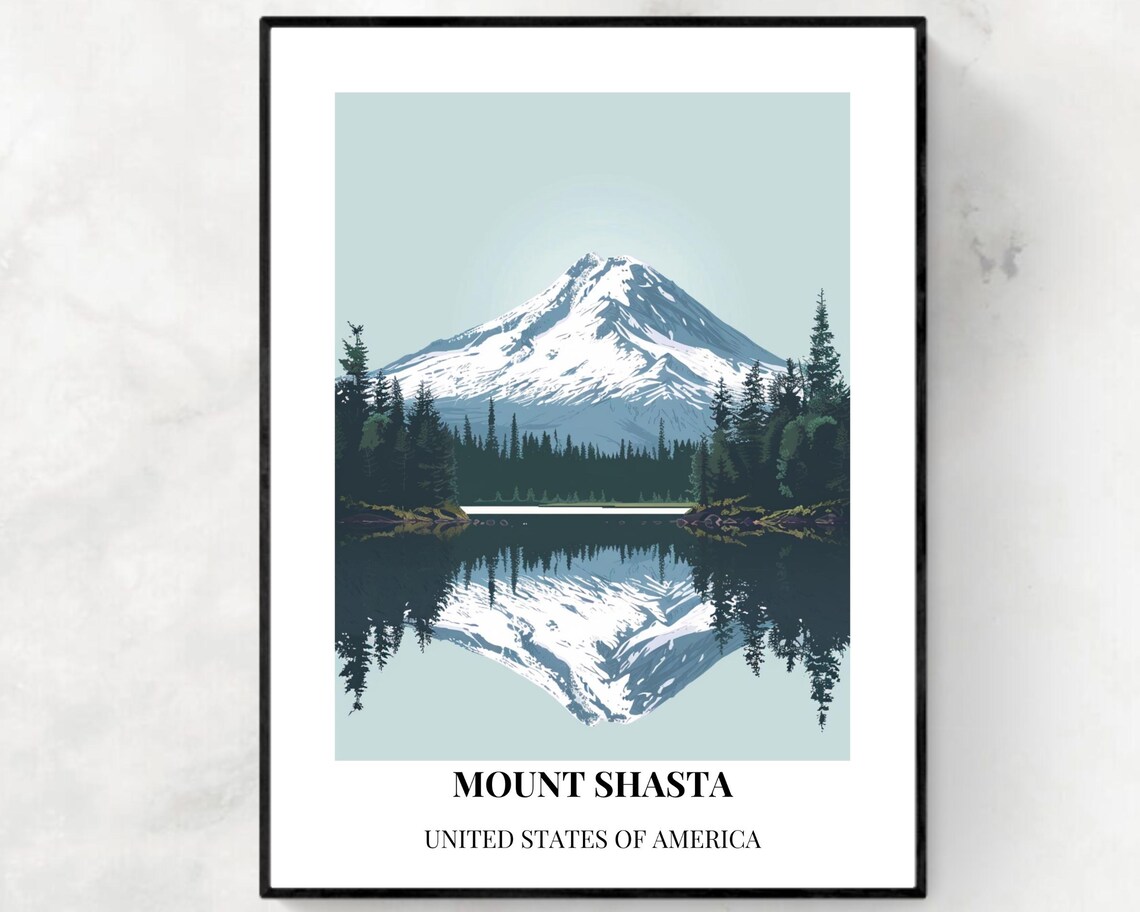Mount Shasta California Alpine Lake Reflection Travel Poster