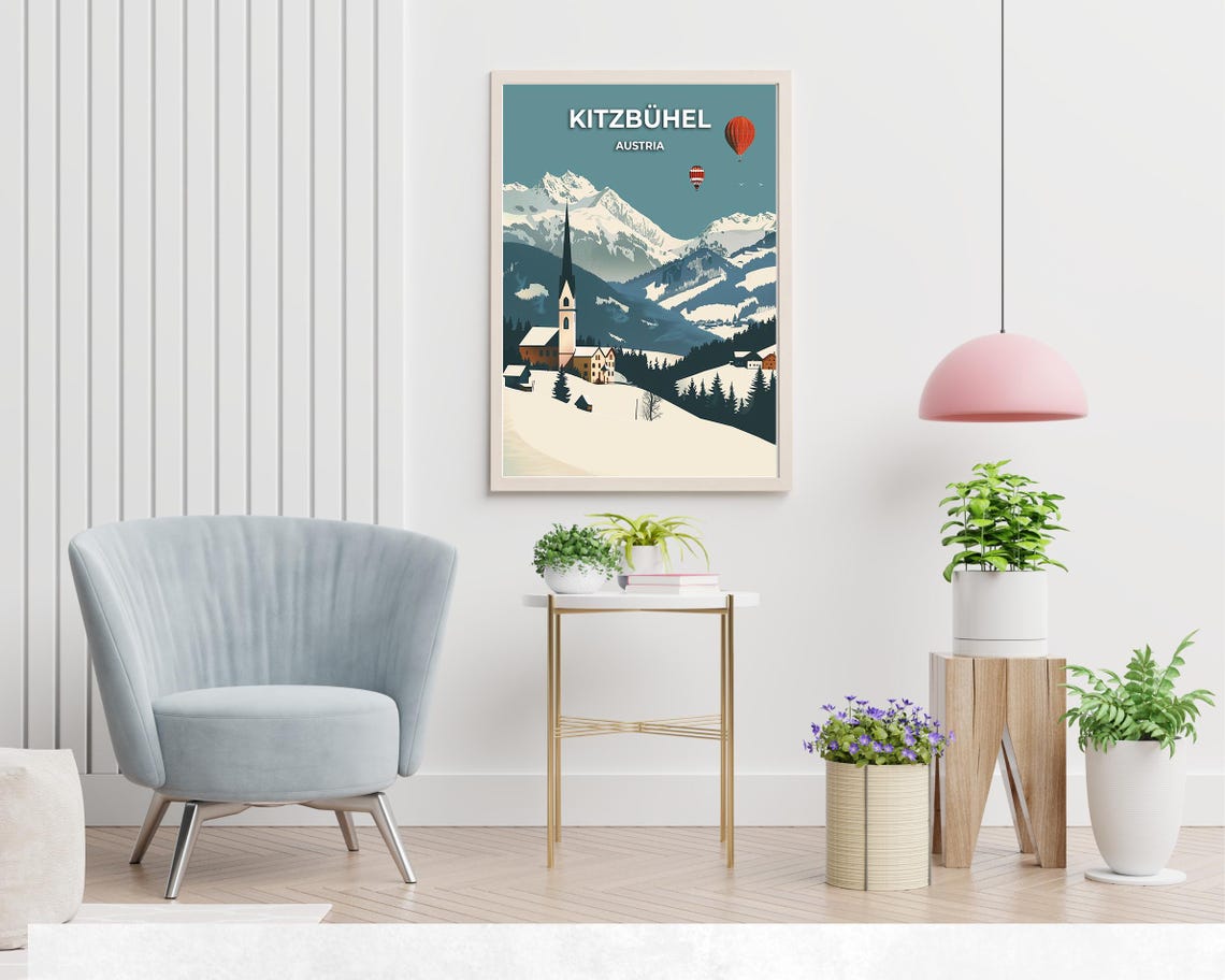 Snowy Kitzbuhel Church Spire with Hot Air Balloons Austria Poster - Image 2