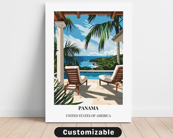 Panama Travel Poster of Tropical Terrace with Pool and Ocean View
