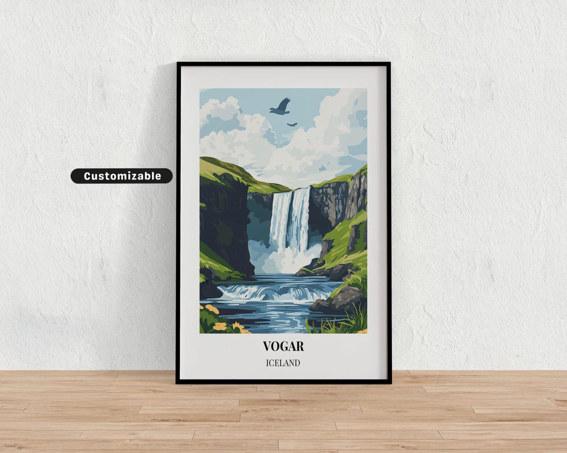 Vogar Iceland Waterfall River and Birds Nature Custom Travel Poster