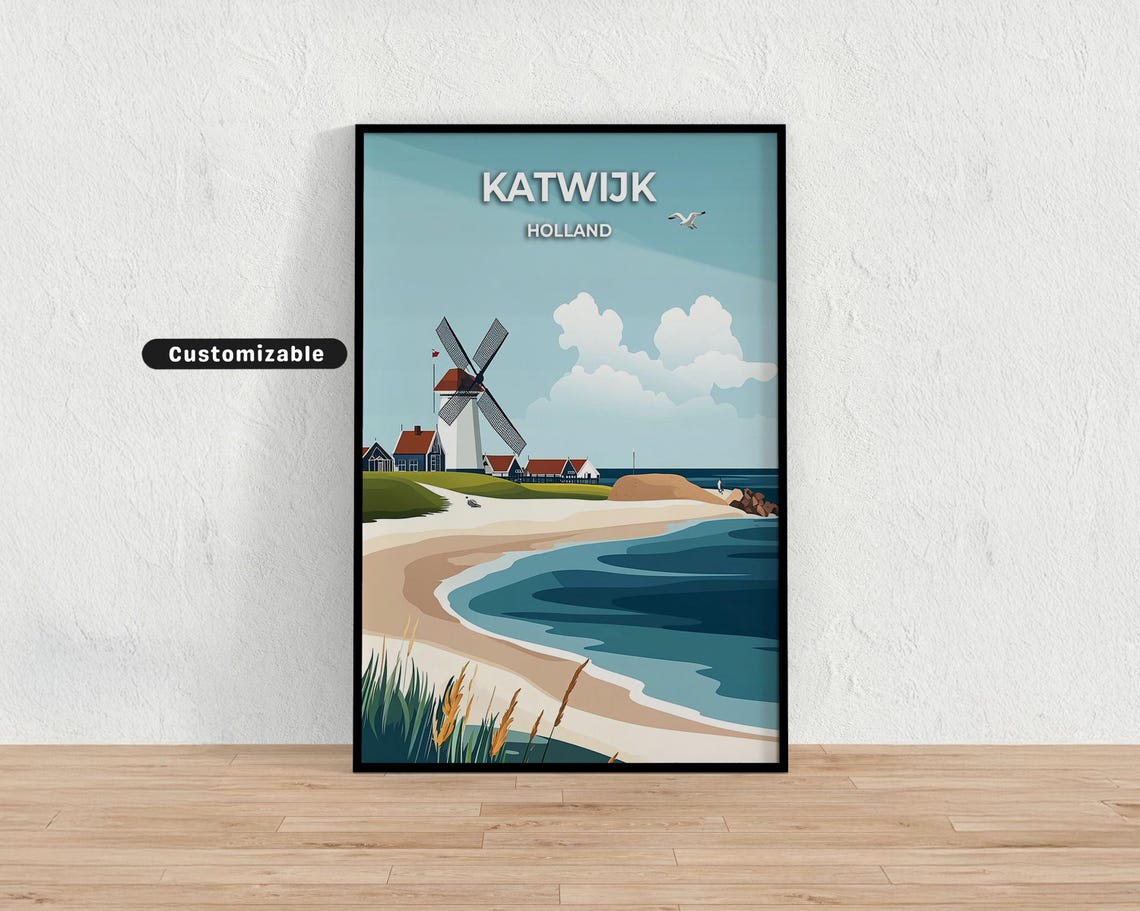 Sunny Katwijk Holland Beach Windmill Coastal Village Travel Poster