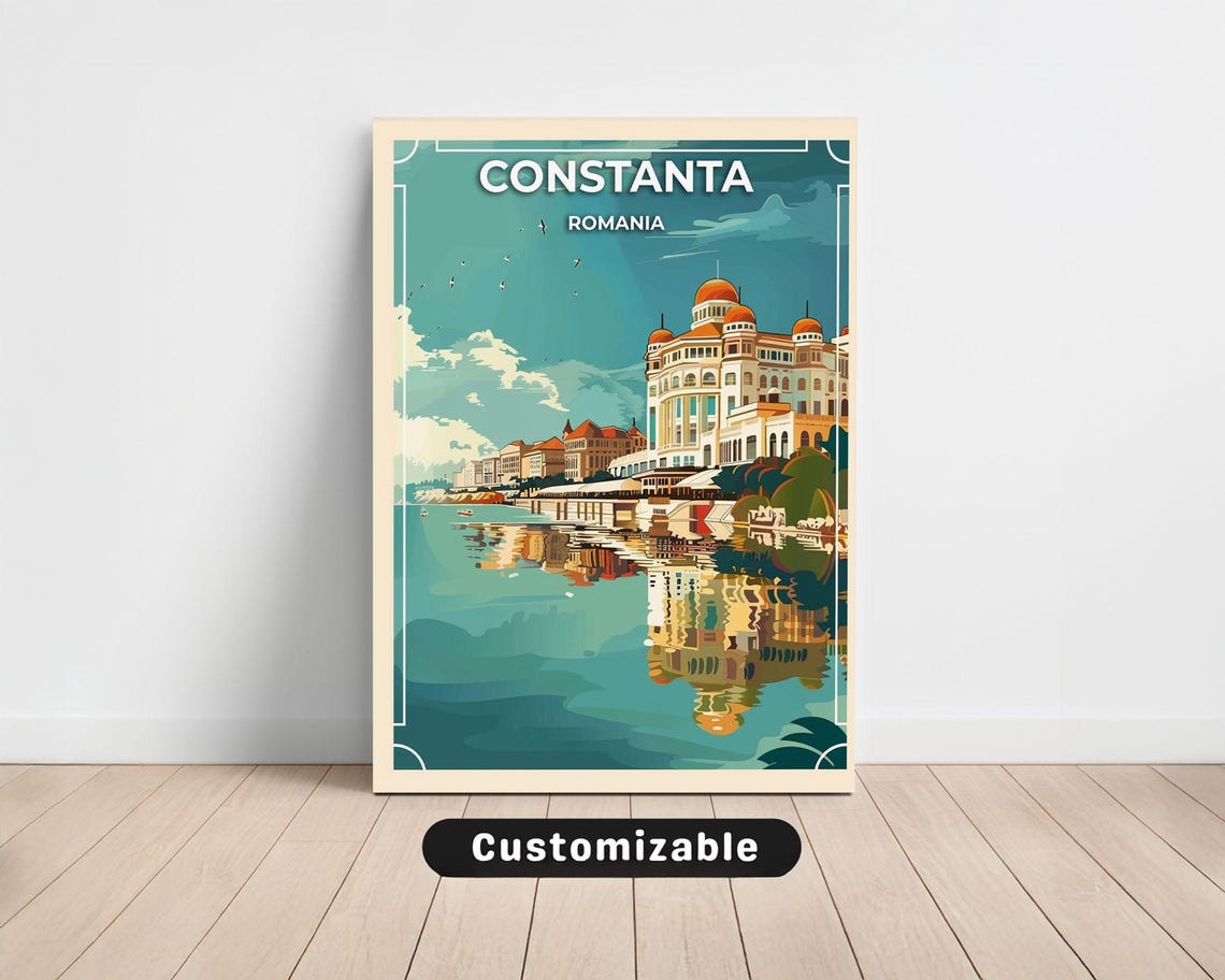 Constanta Romania Seaside Casino Vintage Customizable Travel Poster