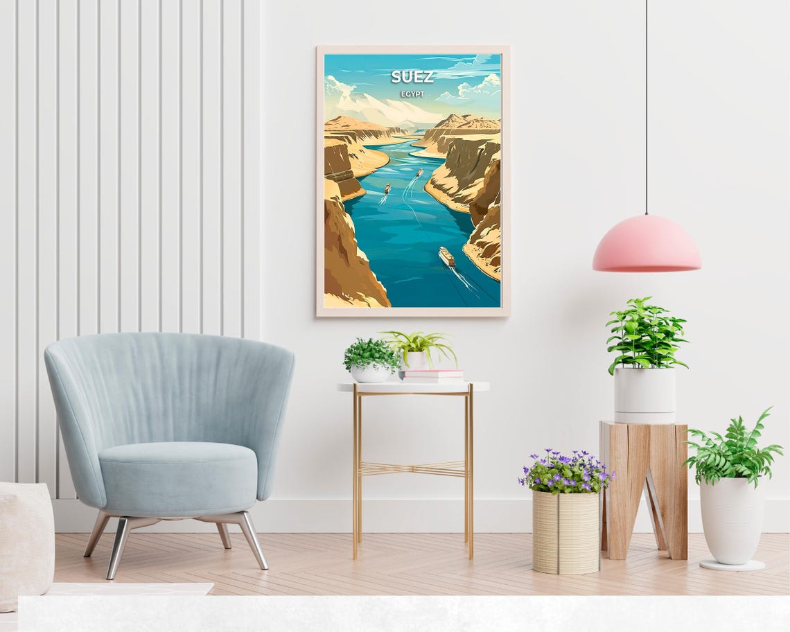 Suez Egypt Desert Canal Ships Vintage Travel Poster Sunny Scene - Image 2