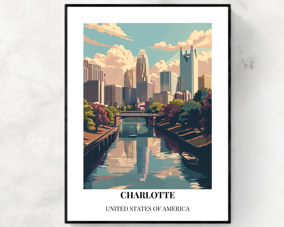 Charlotte North Carolina Skyline River Reflection Travel Poster