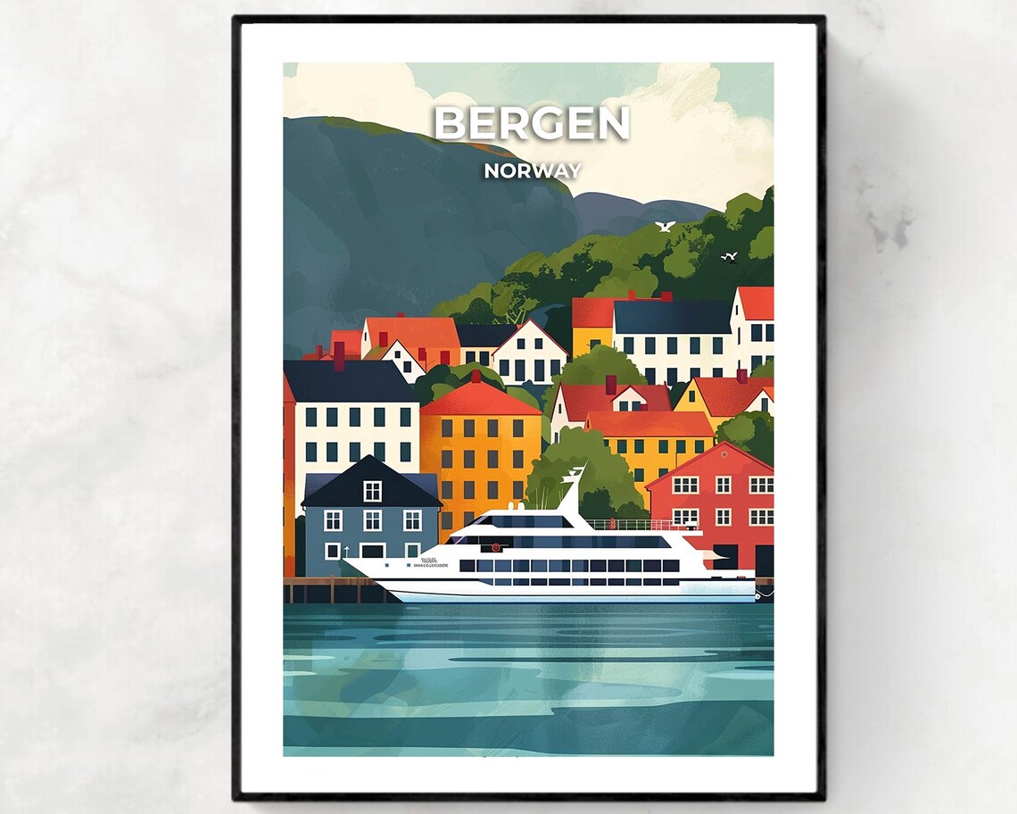 Bergen Norway Colorful Harbor Houses With Docked Ship Poster