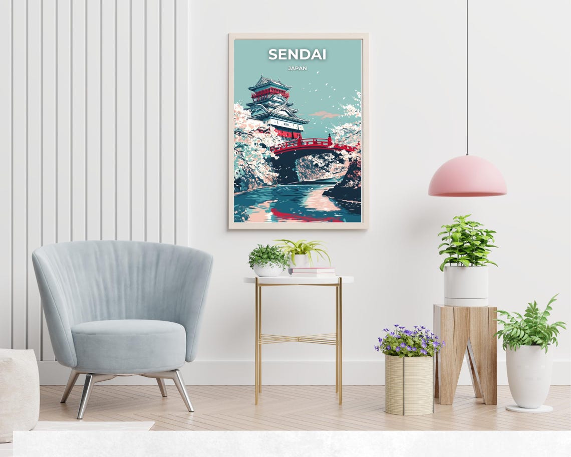 Sendai Japan Aoba Castle Cherry Blossom Red Bridge View Poster - Image 2