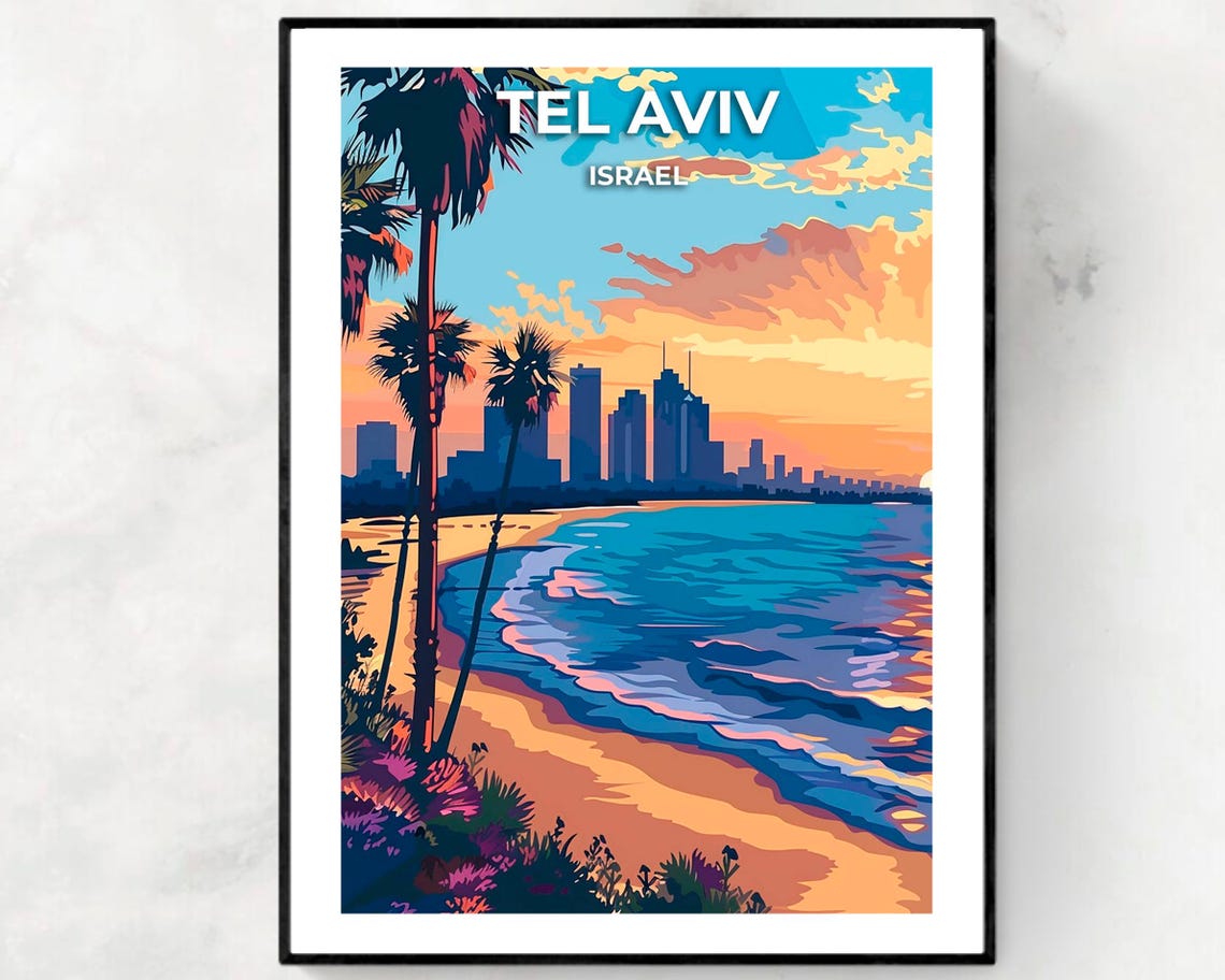 Tel Aviv Israel Beach Daytime Skyline Palm Trees Waves Travel Poster