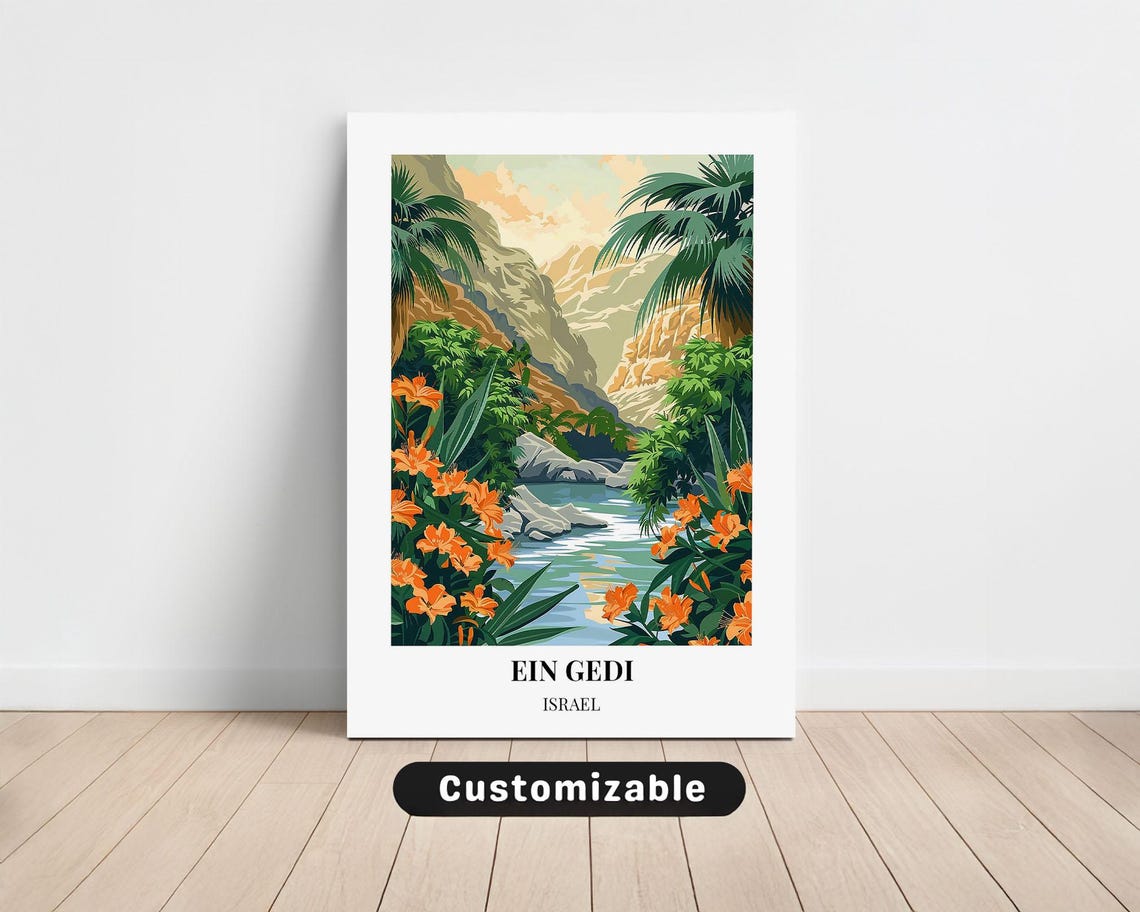 Ein Gedi Israel Travel Print Desert Oasis Canyon Palms Orange Flowers