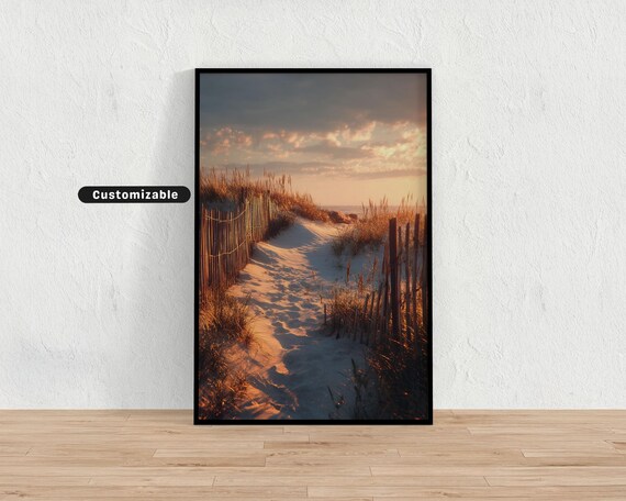 Golden Hour Dunes With Wooden Fence Coastal Sunset Photo Print