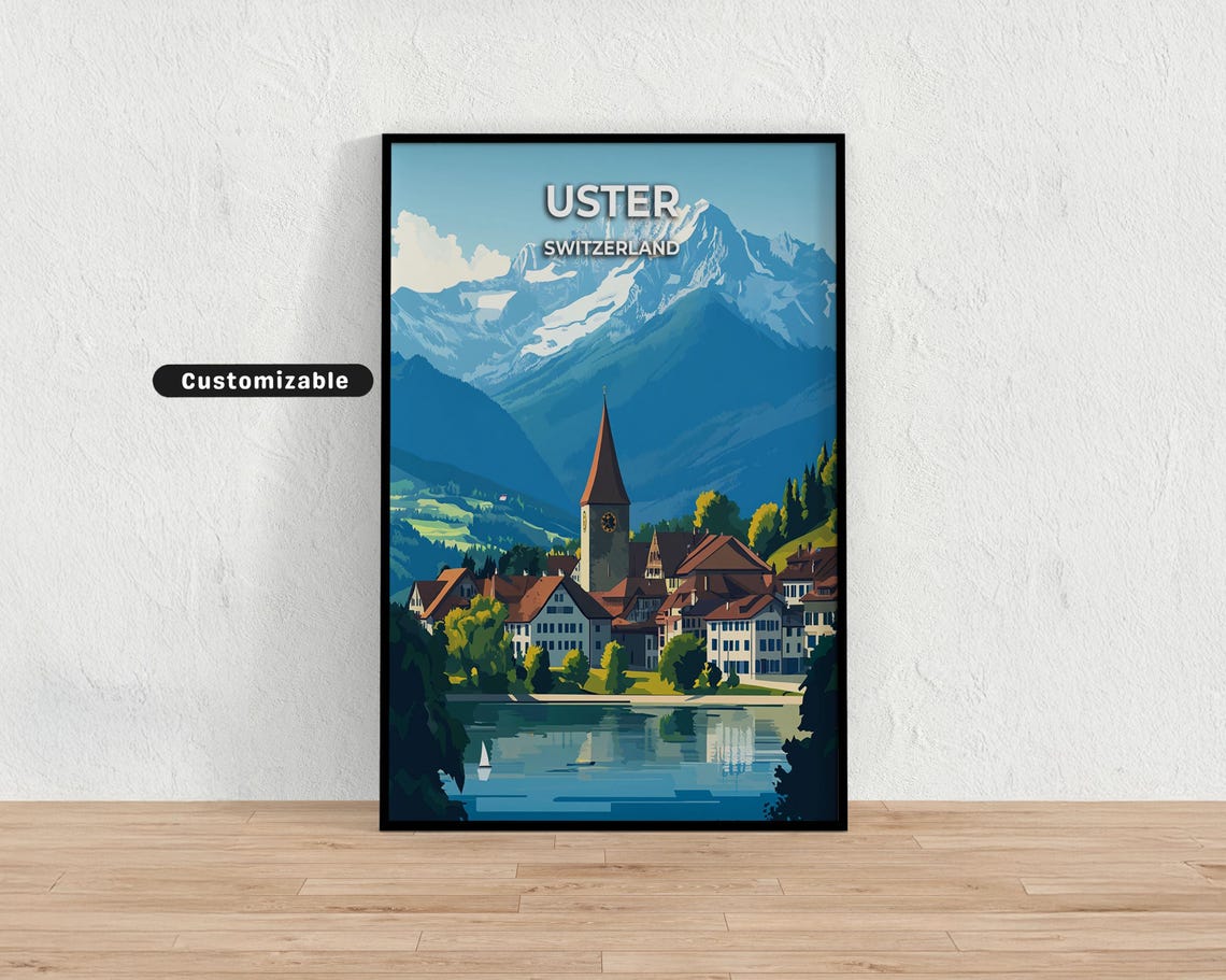 Uster Switzerland Lakeside Town Mountain Vintage Travel Poster