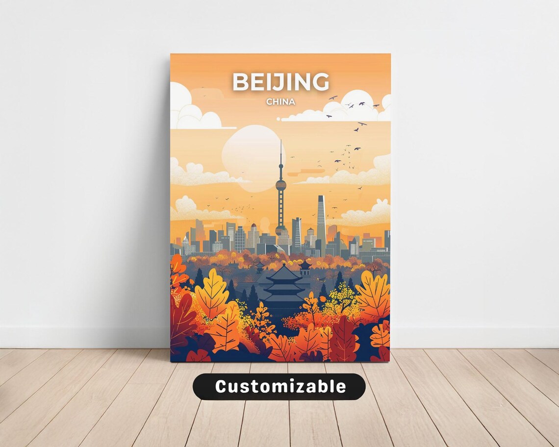 Beijing China Autumn Skyline Sunset Leaves Pagoda Travel Poster