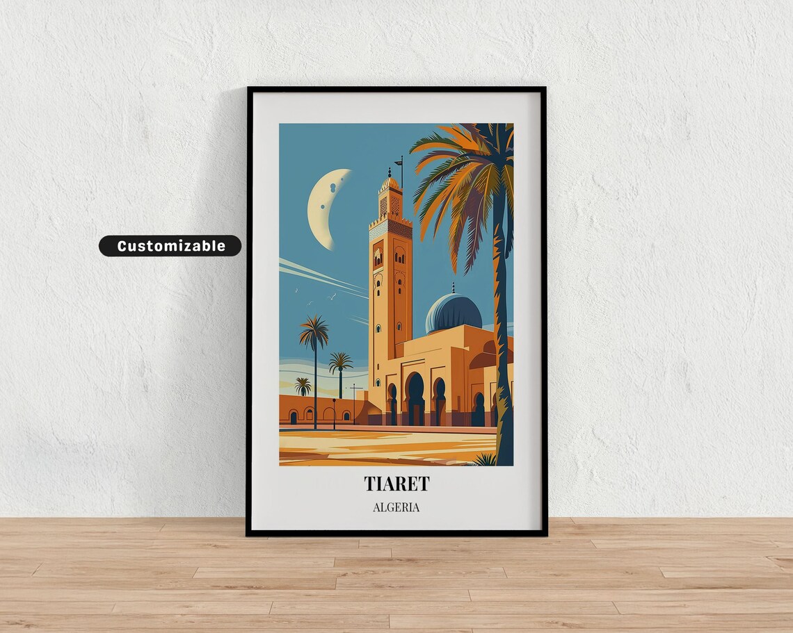 Tiaret Algeria Mosque Minaret Palm Trees Retro Travel Poster