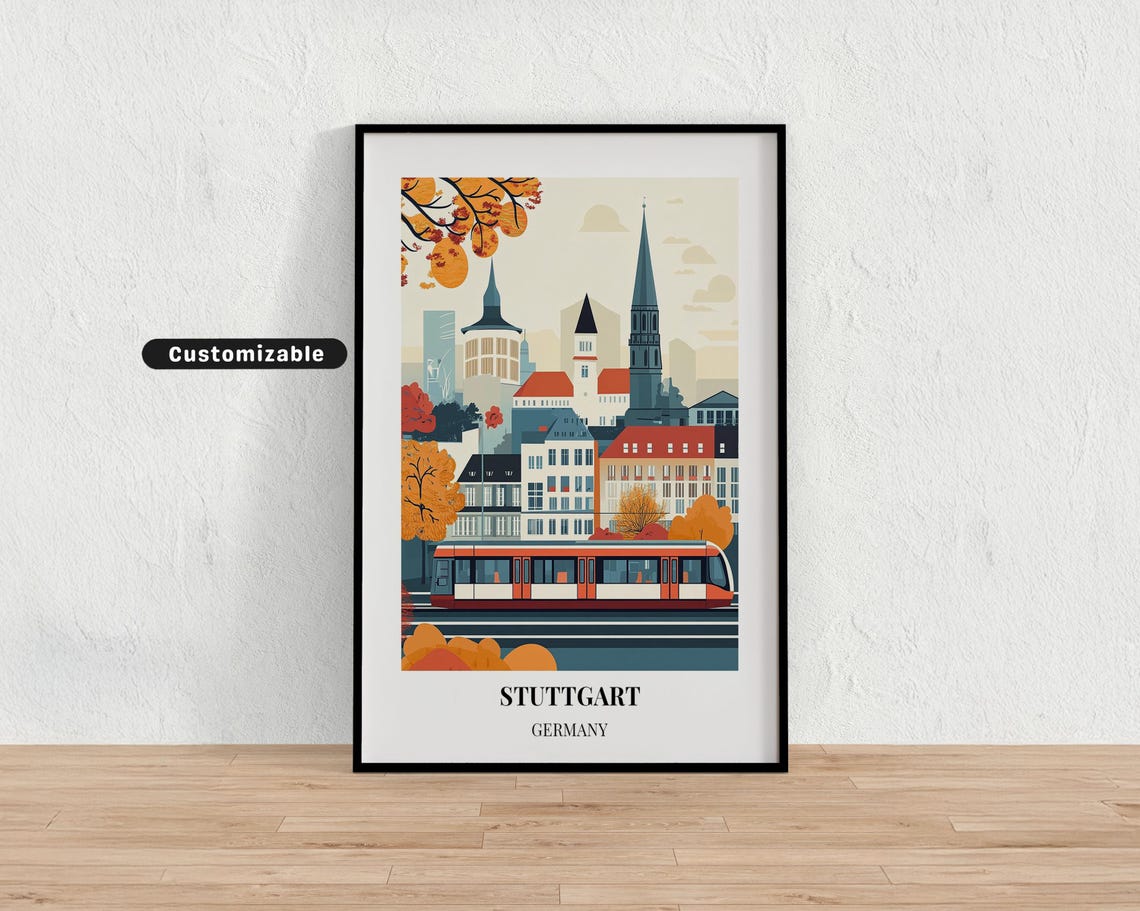 Stuttgart Germany Vintage Travel Art City Skyline And Tram Poster