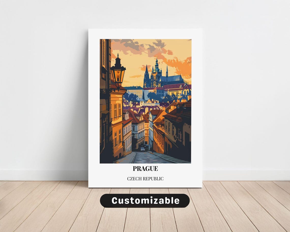 Prague Sunset Castle Old Town Street Czech Republic Travel Poster