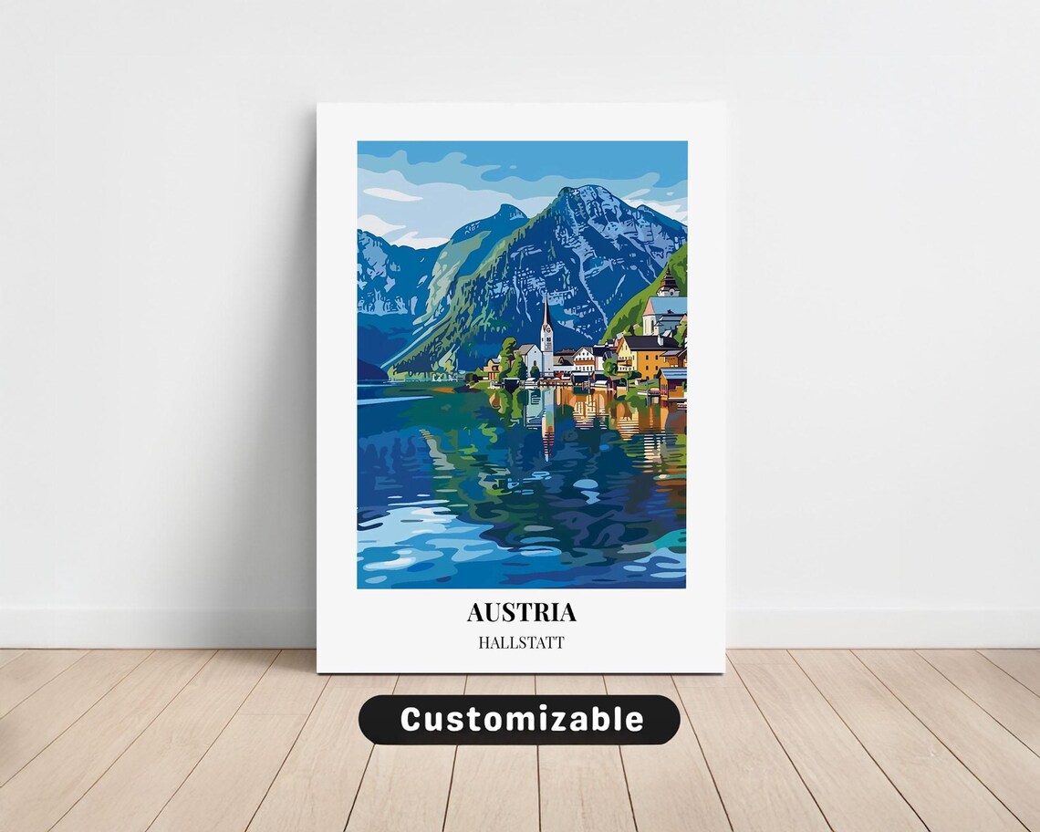 Austria Hallstatt Lake Village Mountain Reflection Travel Poster