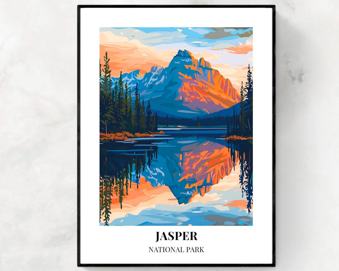 Jasper National Park Snowy Peak Lake Reflection Sunset Poster