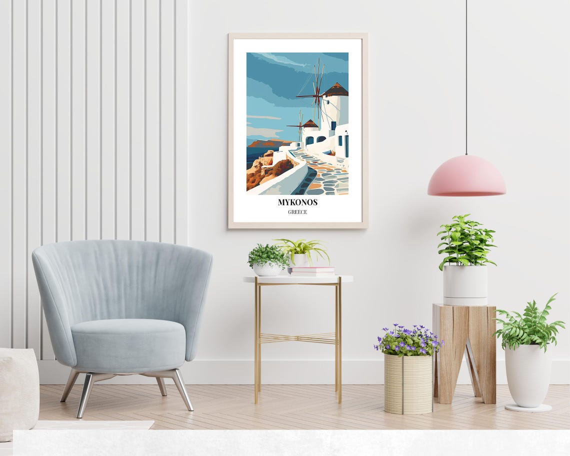 Mykonos Greece Cobblestone Street Poster with Windmills and Sea - Image 2